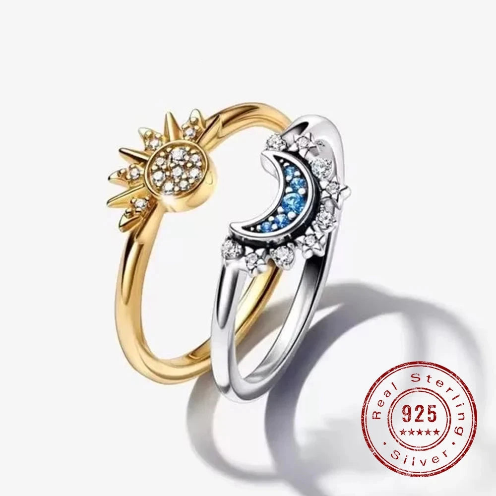 Pandora 925 Sterling Silver & Cubic Zirconia Sun and Moon Couple Ring Set - Pandora -
