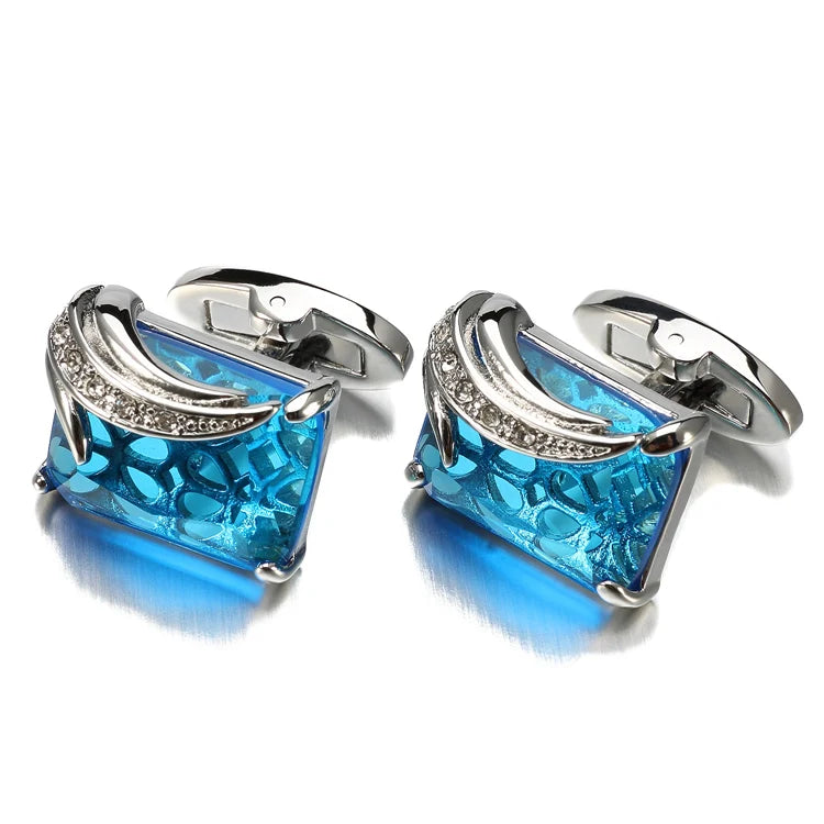 Men's Luxurious Gold Crystal Glass Rectangle Cufflinks with Rhinestone Accents - Lovez Aqua© - Rhodium