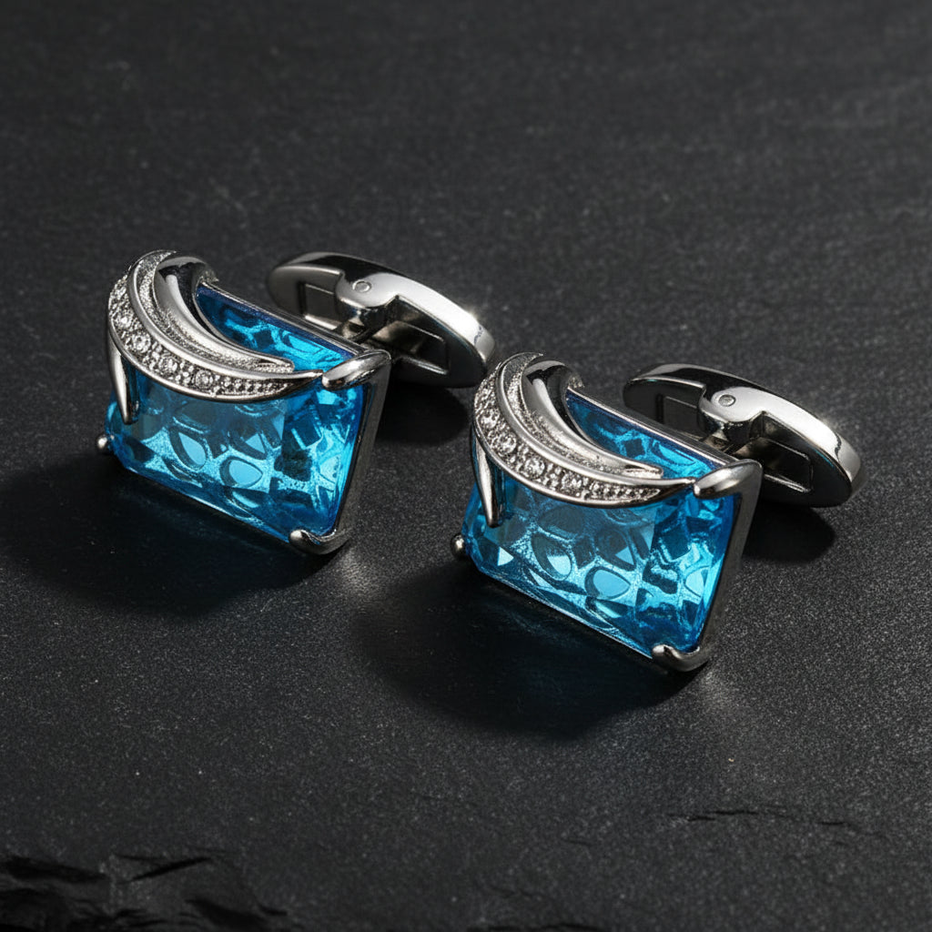 Men's Luxurious Gold Crystal Glass Rectangle Cufflinks with Rhinestone Accents - Lovez Aqua© - Rhodium