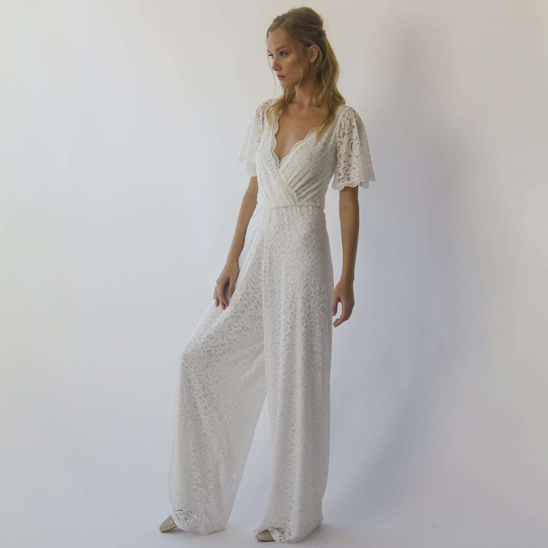 Ivory Bohemian Butterfly Sleeves Flowing Bridal Lace Jumpsuit with Flared Legs - Lovez Aqua© -