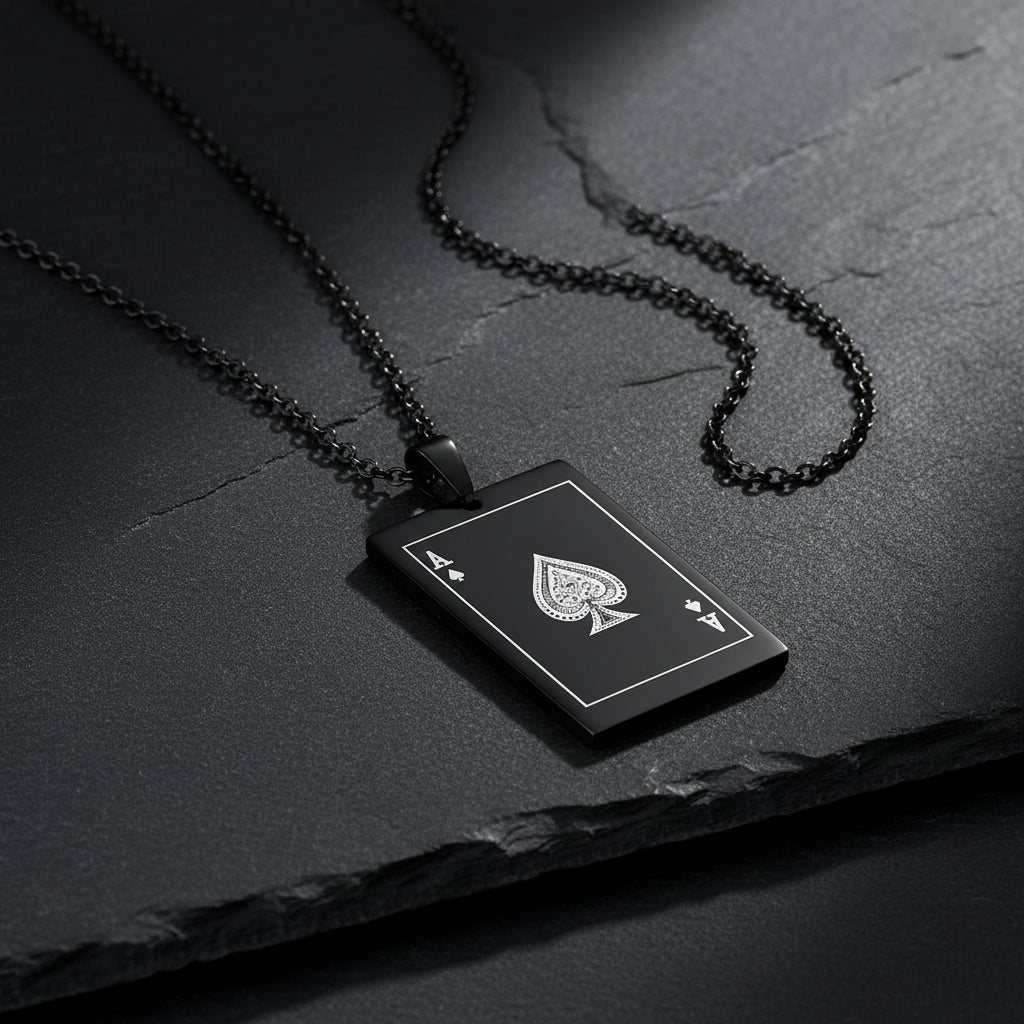 Men's Ace of Spades Poker Card Stainless Steel Dog Tag Necklace - Lovez Aqua© -