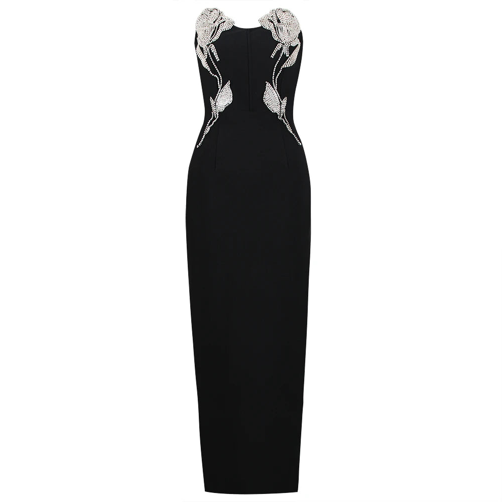 Women's Black Sleeveless Bodycon Maxi Dress with High Slit & Rhinestone Roses - Lovez Aqua© - L