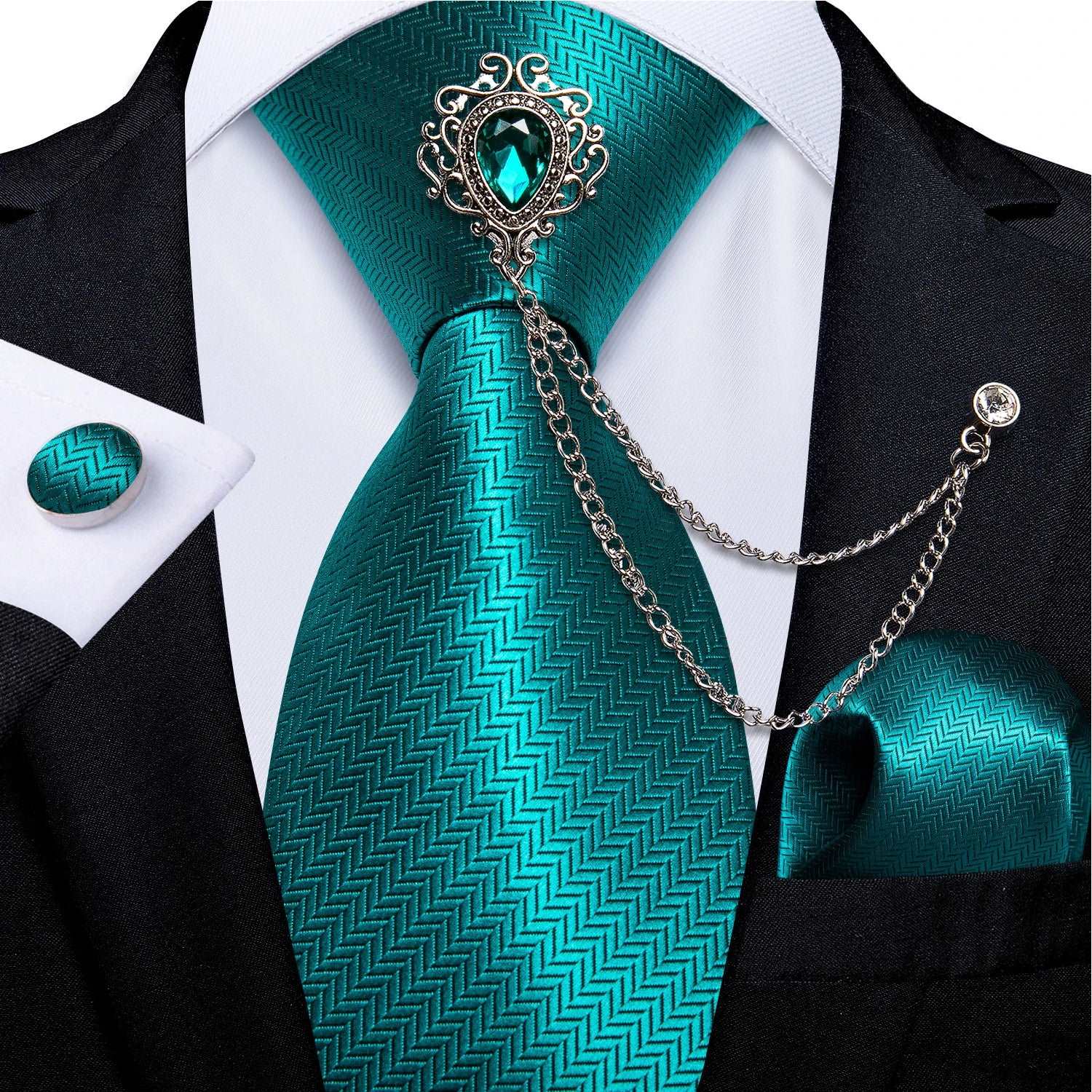 Men's Teal & Aqua Blue Silk Necktie, Handkerchief, Brooch & Cufflinks Set - Lovez Aqua© - 1