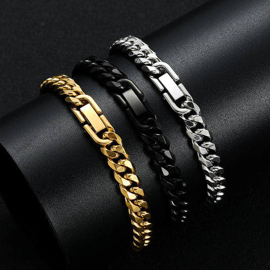 Men's Titanium Steel Golden Black Silver Cuban Chain Bracelet