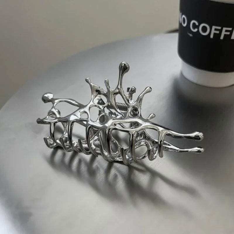 Abstract Gothic Liquid Silver Geometric Women's Large Metal Hair Claw Clip - Lovez Aqua© -