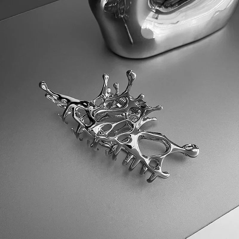 Abstract Gothic Liquid Silver Geometric Women's Large Metal Hair Claw Clip - Lovez Aqua© - Silver