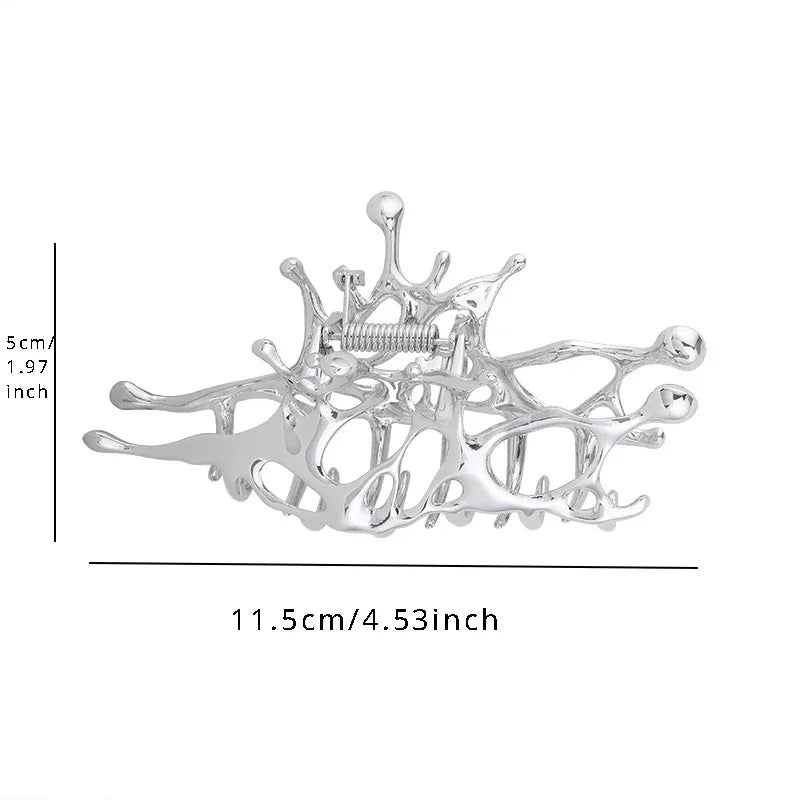 Abstract Gothic Liquid Silver Geometric Women's Large Metal Hair Claw Clip - Lovez Aqua© -