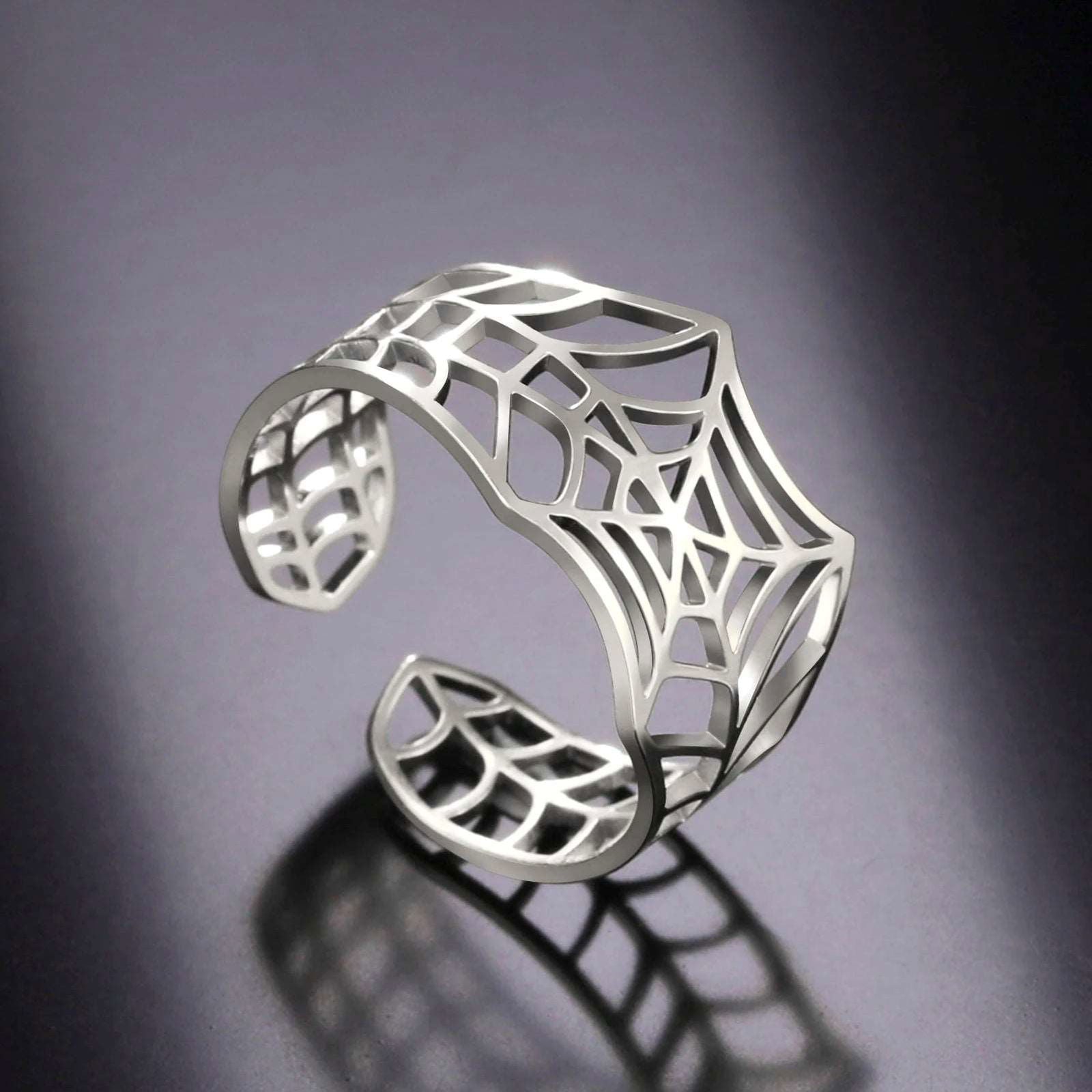 Adjustable Punk Rock Stainless Steel Spiderweb Open Unisex Ring - Lovez Aqua© -