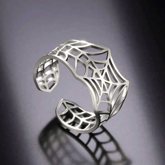 Adjustable Punk Rock Stainless Steel Spiderweb Open Unisex Ring - Lovez Aqua© -