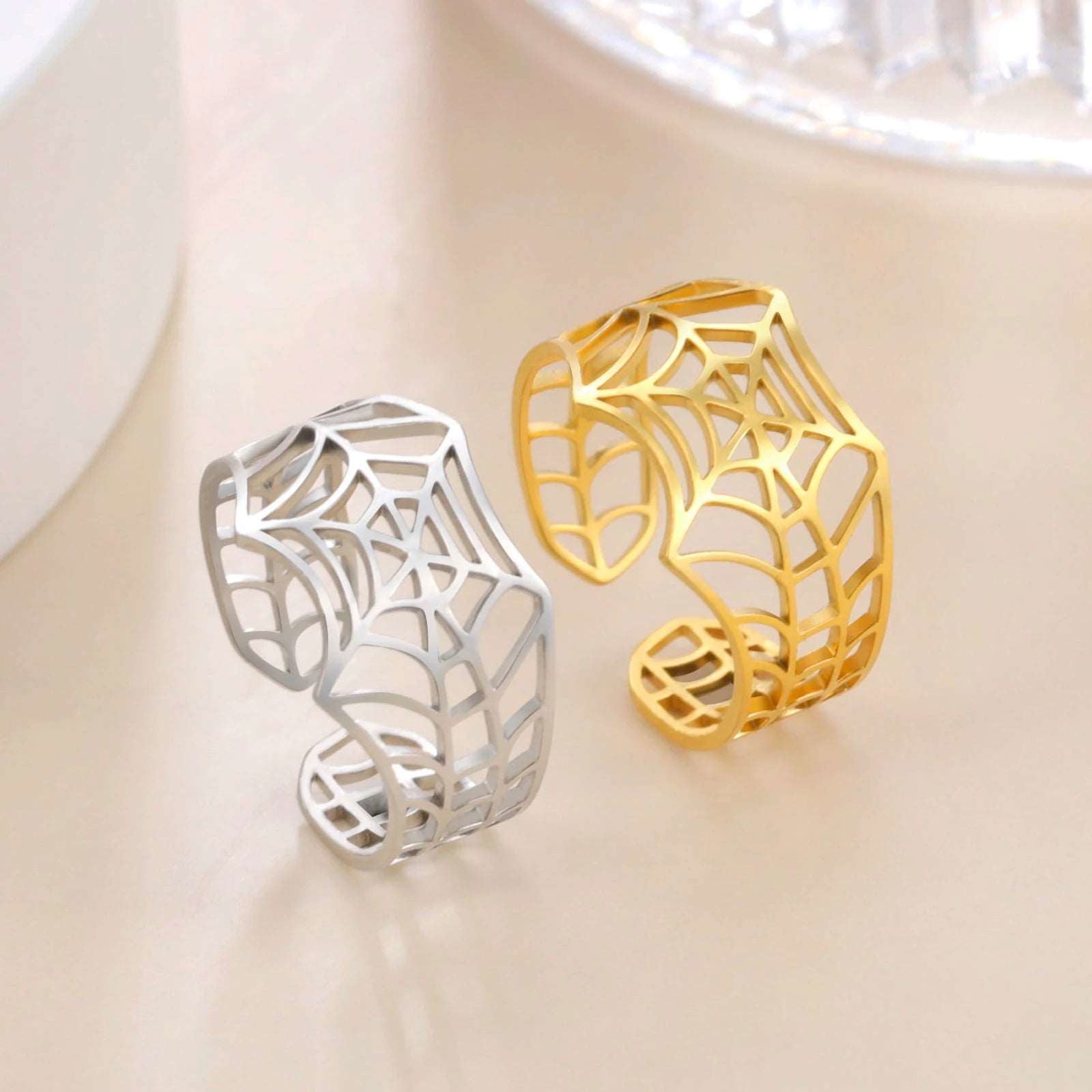 Adjustable Punk Rock Stainless Steel Spiderweb Open Unisex Ring - Lovez Aqua© -