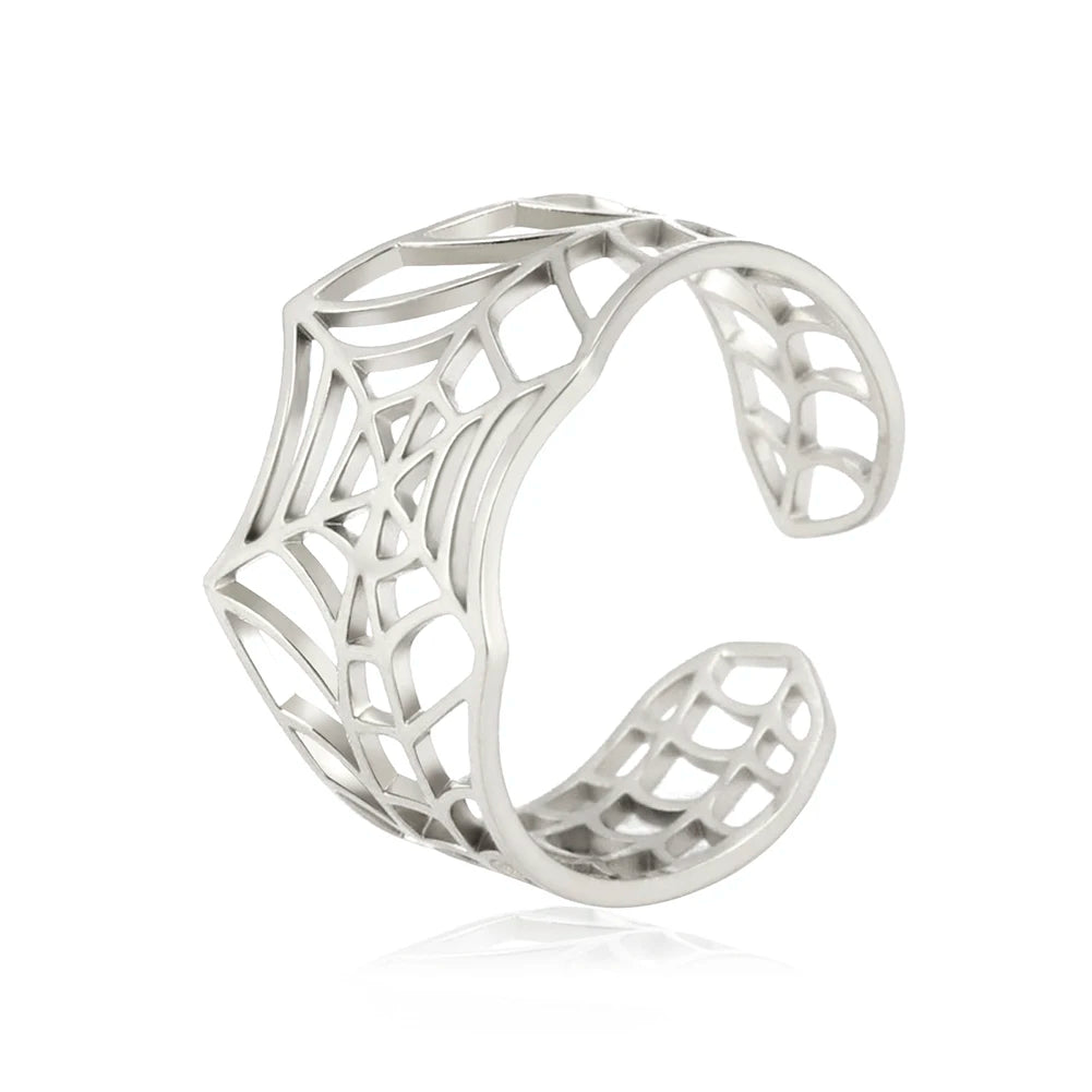 Adjustable Punk Rock Stainless Steel Spiderweb Open Unisex Ring - Lovez Aqua© - Steel