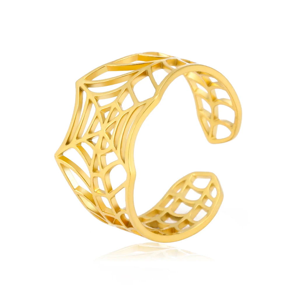Adjustable Punk Rock Stainless Steel Spiderweb Open Unisex Ring - Lovez Aqua© - Gold
