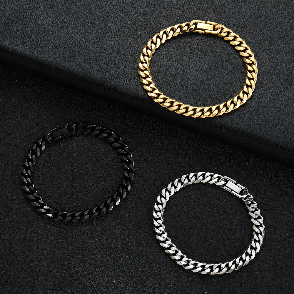 Men's Titanium Steel Golden Black Silver Cuban Chain Bracelet
