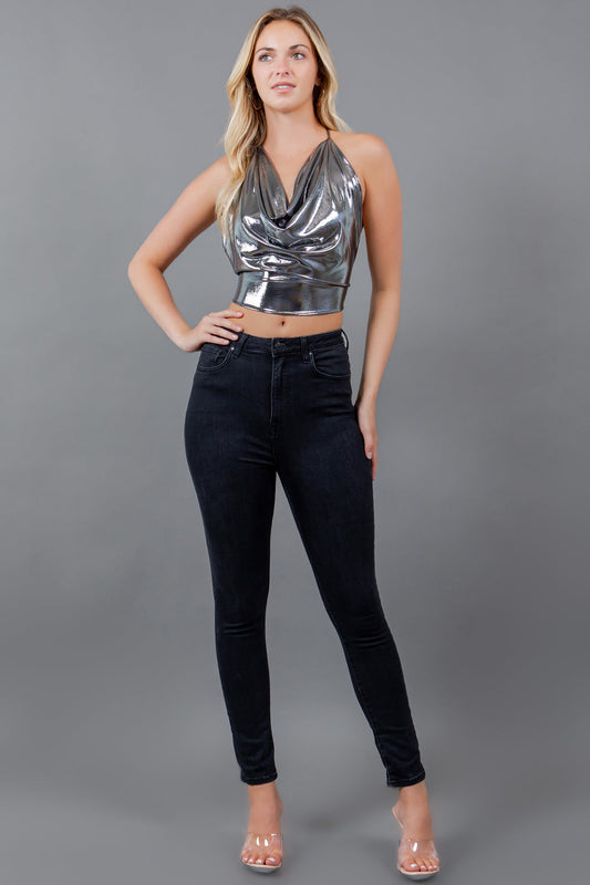 Women's Metallic Silver Foil Draped Halter Crop Top