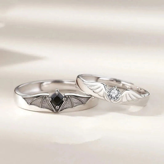 Angel & Demon Wings Rhinestone Encrusted Matching Adjustable Couple Rings - Lovez Aqua© -