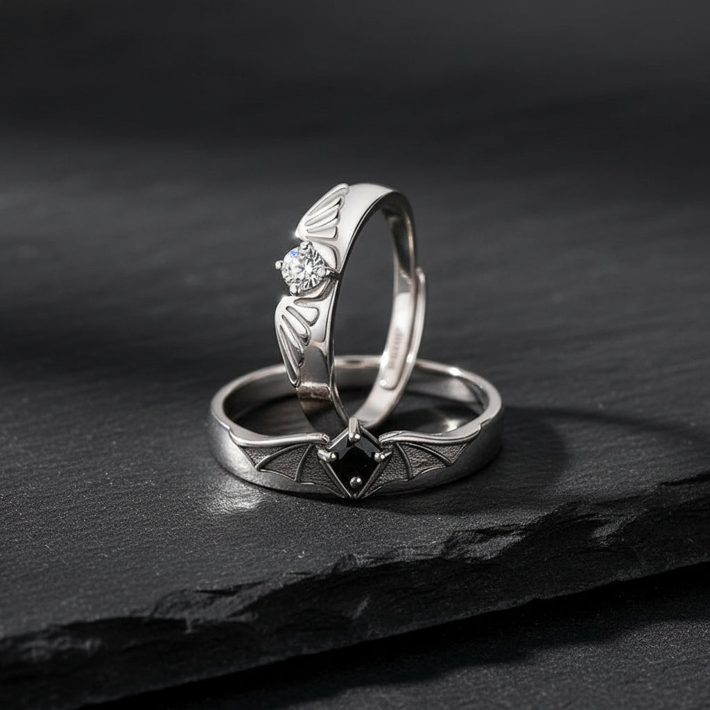 Angel & Demon Wings Rhinestone Encrusted Matching Adjustable Couple Rings - Lovez Aqua© -