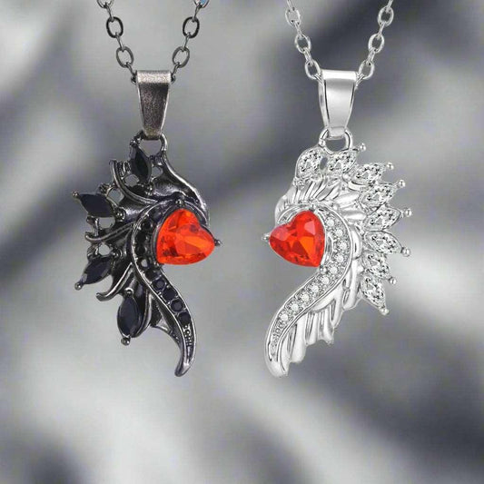 Angel & Devil Wings Matching Couple Necklaces With Red Heart Cubic Zirconia - Lovez Aqua© -