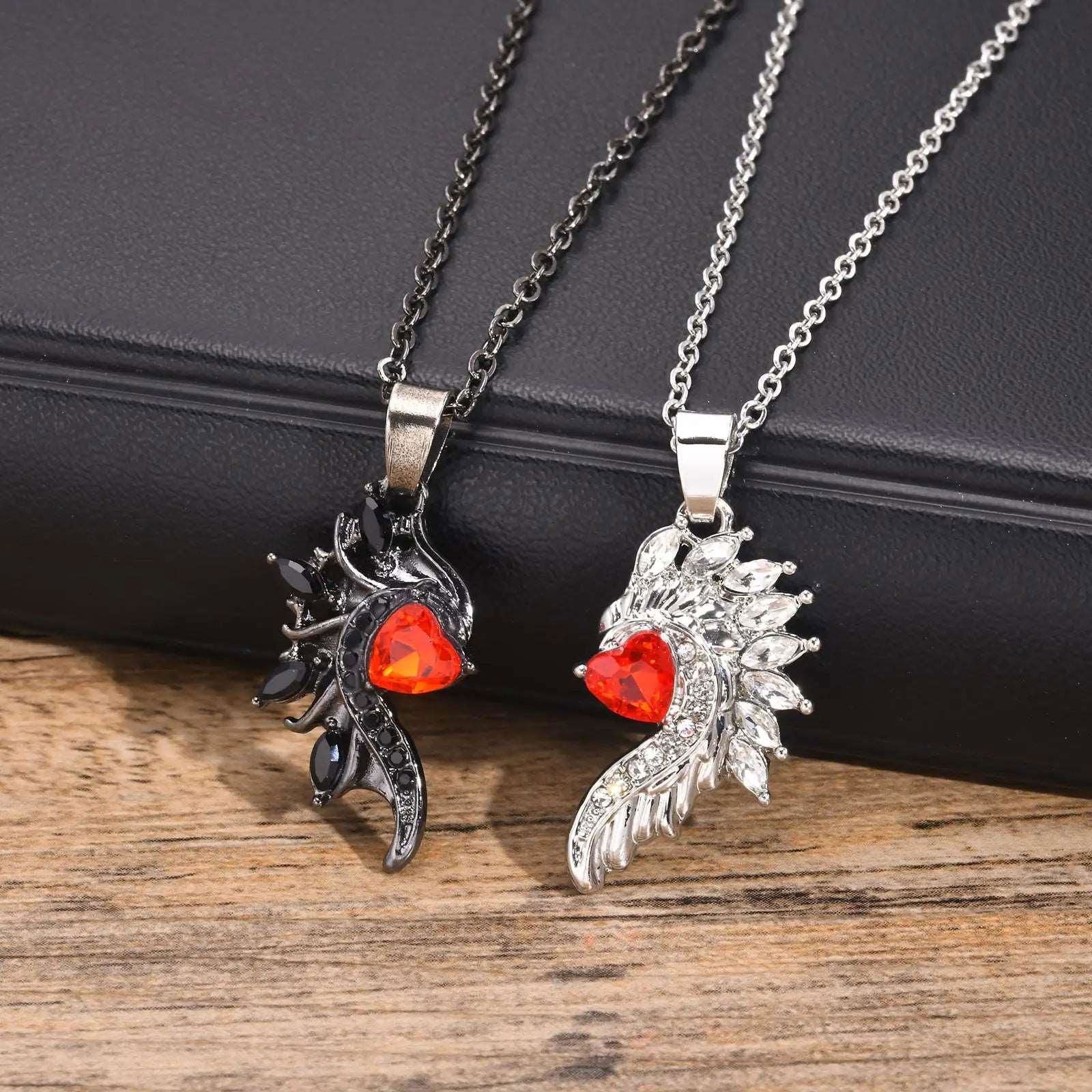 Angel & Devil Wings Matching Couple Necklaces With Red Heart Cubic Zirconia - Lovez Aqua© - Angel & Devil