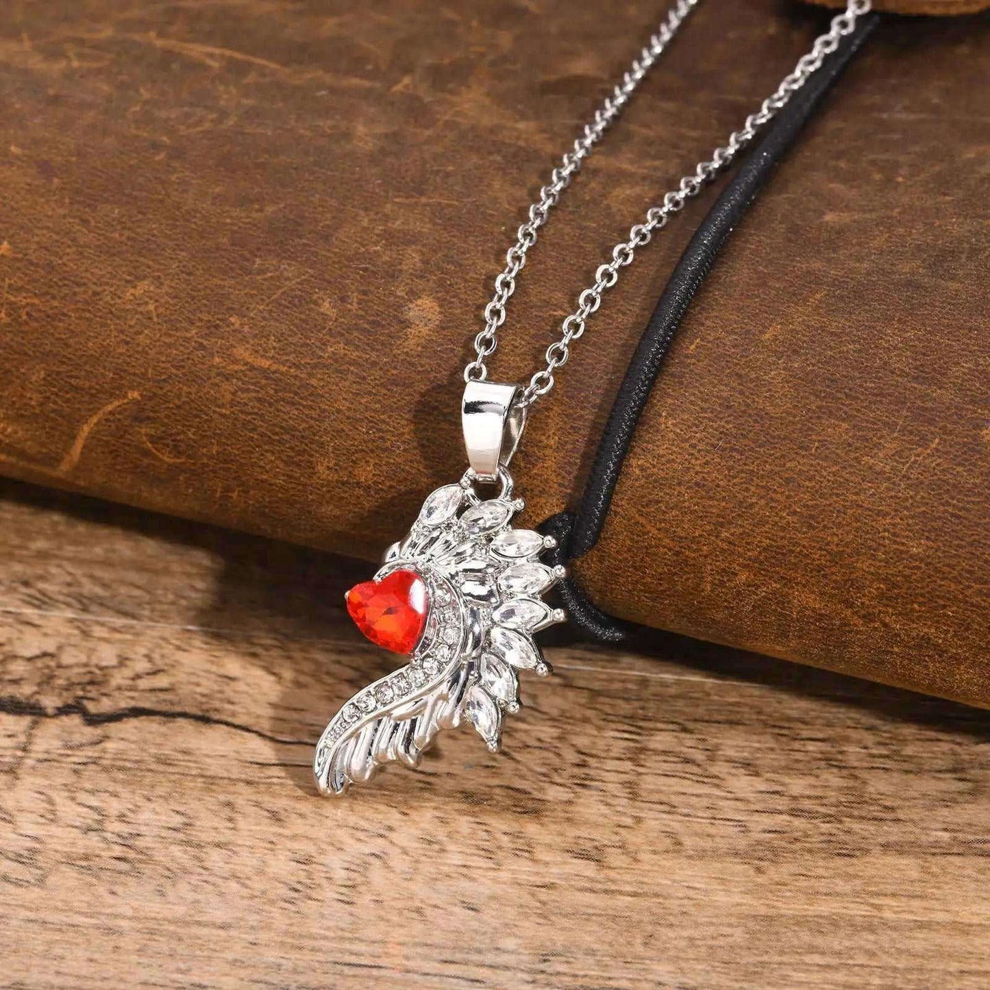 Angel & Devil Wings Matching Couple Necklaces With Red Heart Cubic Zirconia - Lovez Aqua© - Angel