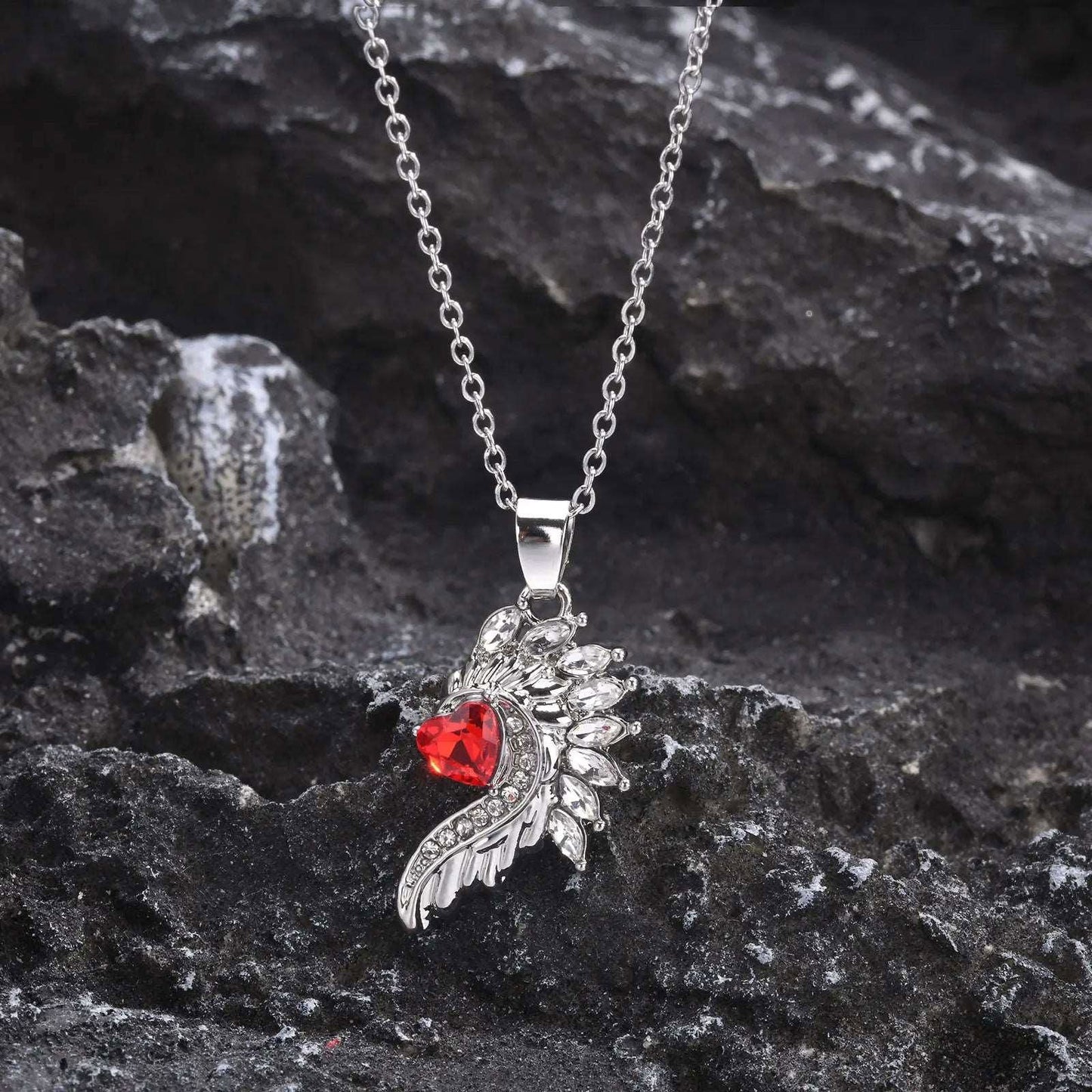 Angel & Devil Wings Matching Couple Necklaces With Red Heart Cubic Zirconia - Lovez Aqua© -