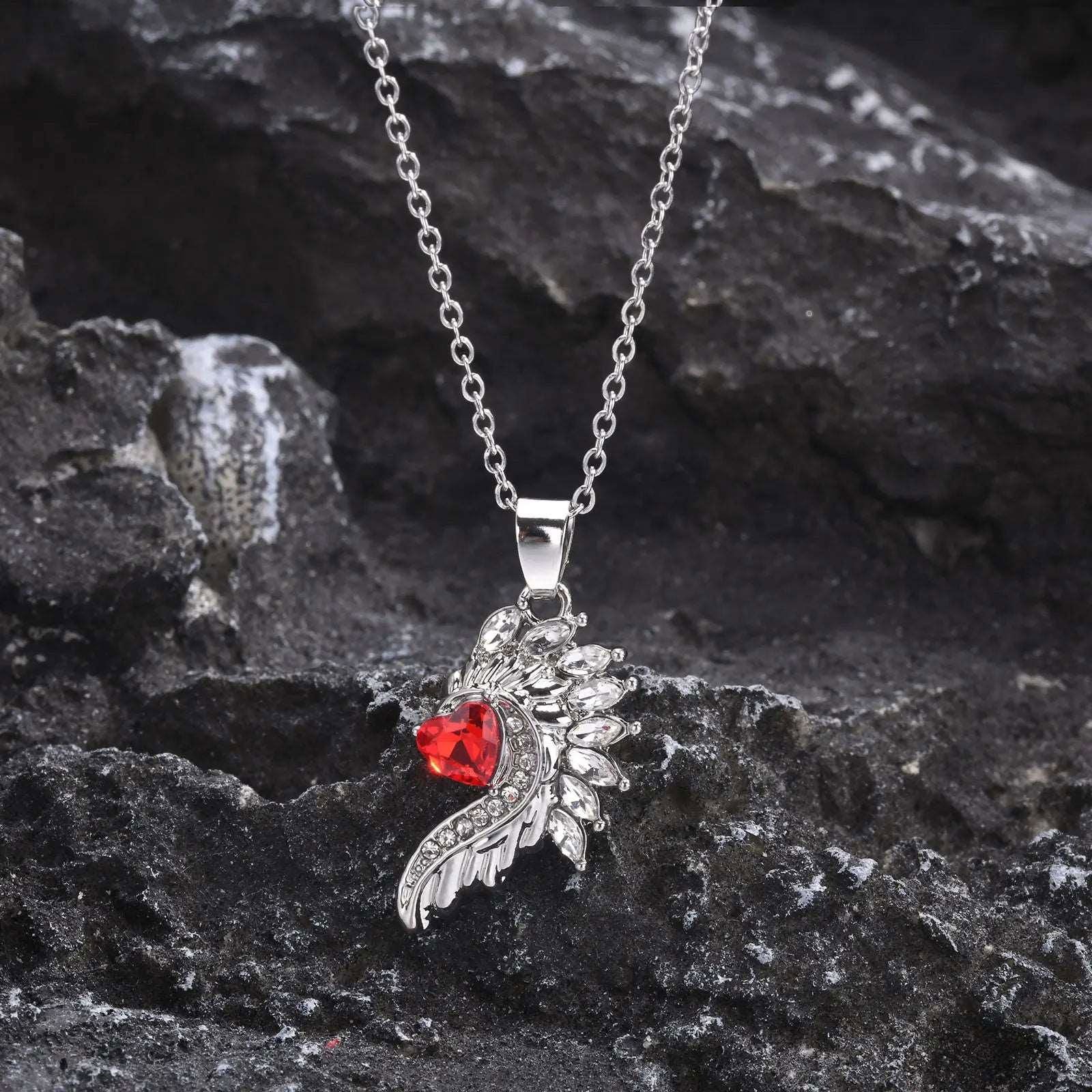 Angel & Devil Wings Matching Couple Necklaces With Red Heart Cubic Zirconia - Lovez Aqua© -