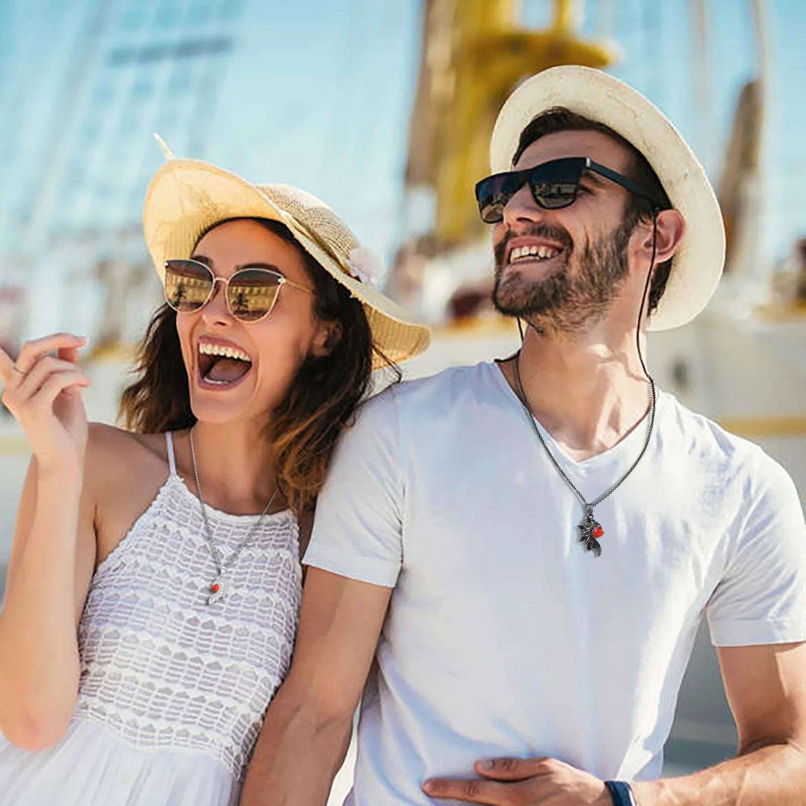 Angel & Devil Wings Matching Couple Necklaces With Red Heart Cubic Zirconia - Lovez Aqua© -