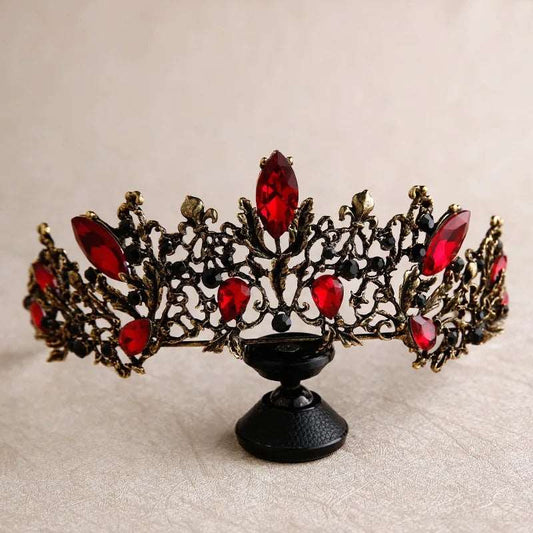 Baroque Retro Crystal Black Gothic Vines Tiara with Gold Fleur de Lis Accents - Lovez Aqua© - Red