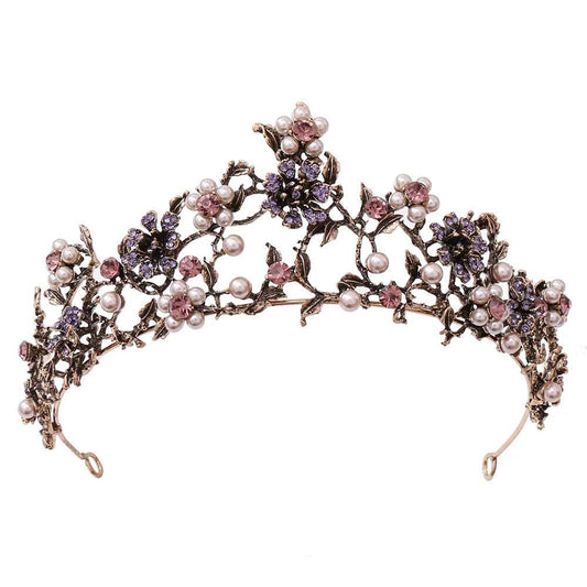 Baroque Vintage Pink & Purple Crystal Flower Pearls Gold Bridal Tiara - Lovez Aqua© - Purple