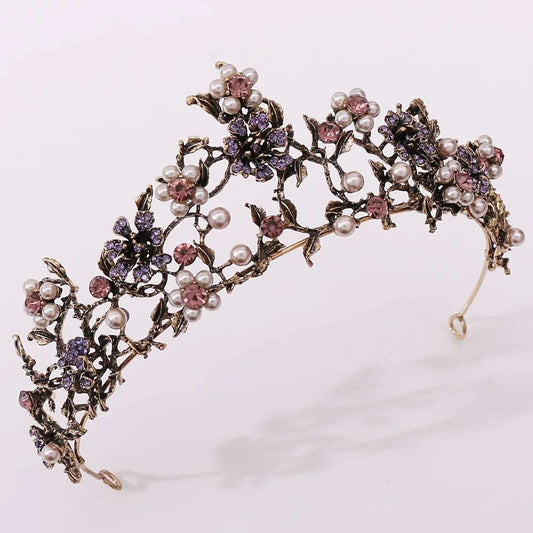 Baroque Vintage Pink & Purple Crystal Flower Pearls Gold Bridal Tiara - Lovez Aqua© -