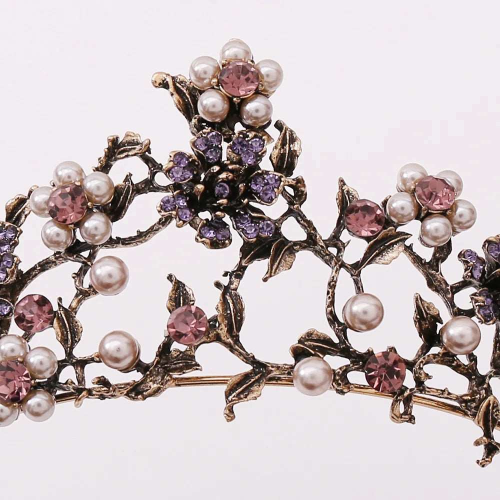 Baroque Vintage Pink & Purple Crystal Flower Pearls Gold Bridal Tiara - Lovez Aqua© -