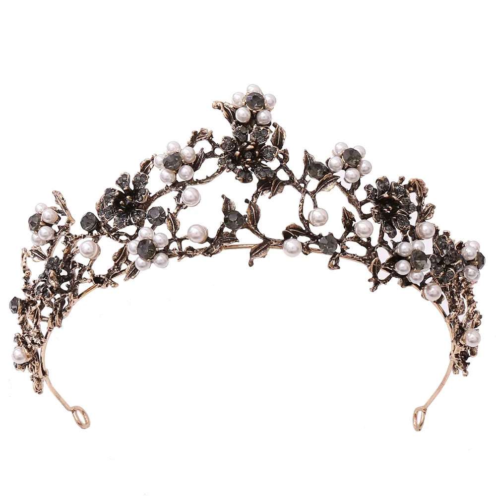 Baroque Vintage Pink & Purple Crystal Flower Pearls Gold Bridal Tiara - Lovez Aqua© - Black