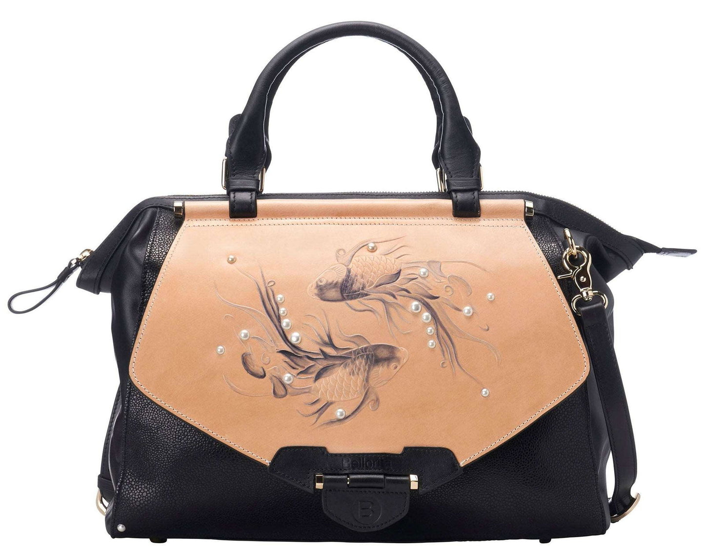 Beige & Black Koi Print Women's Large Satchel with Strap - Lovez Aqua© -