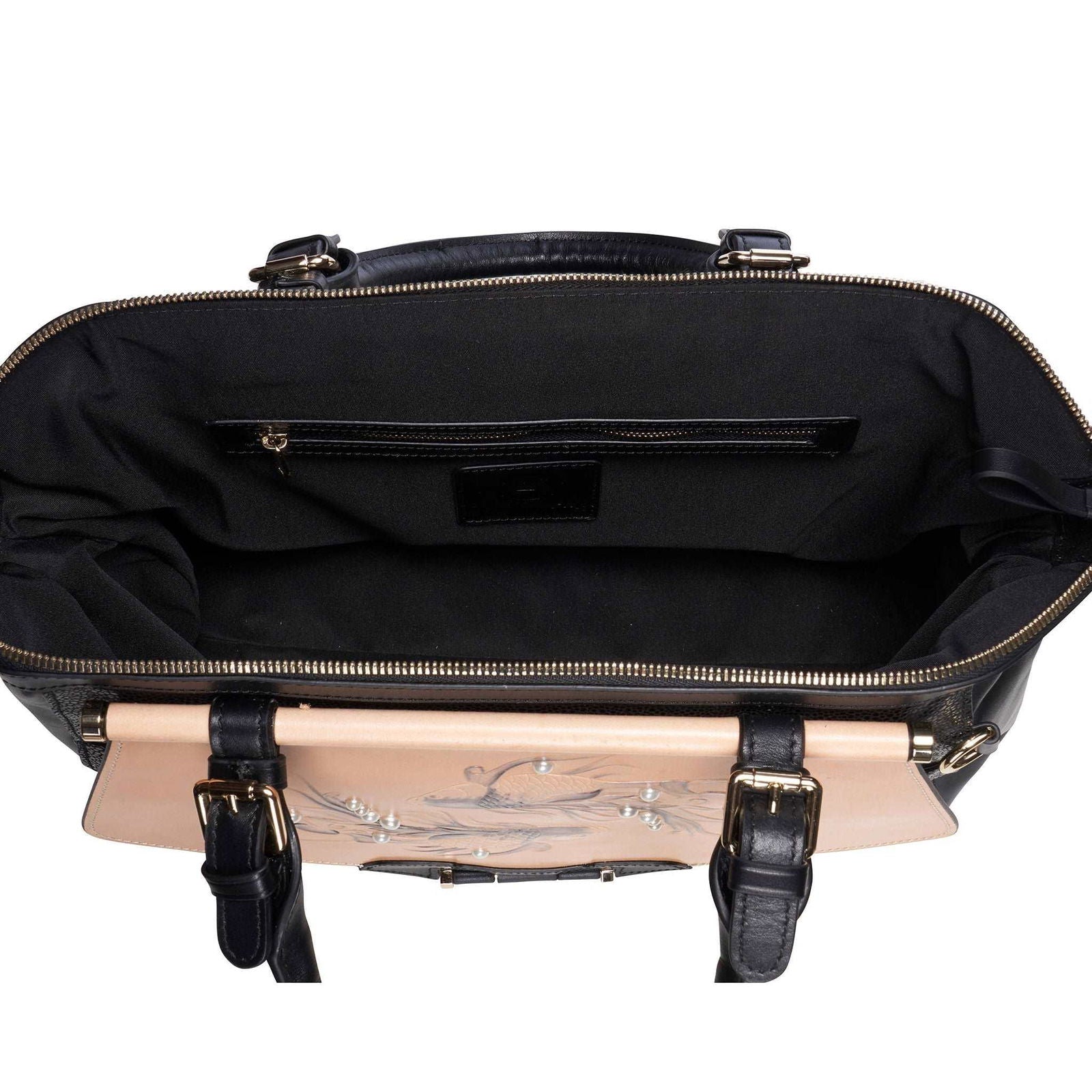 Beige & Black Koi Print Women's Large Satchel with Strap - Lovez Aqua© -