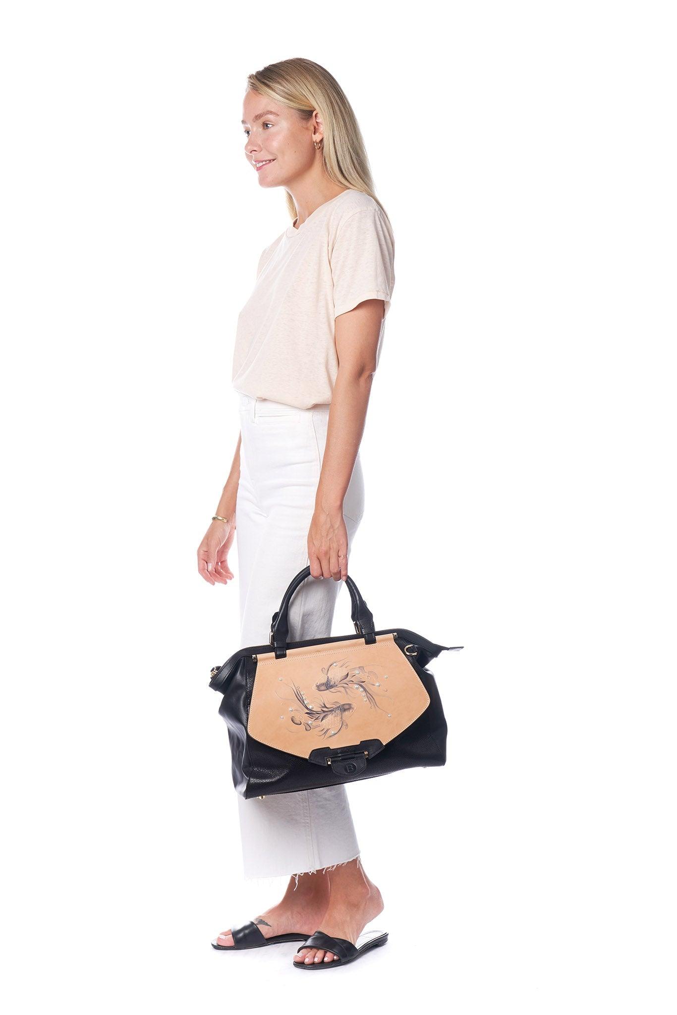 Beige & Black Koi Print Women's Large Satchel with Strap - Lovez Aqua© -