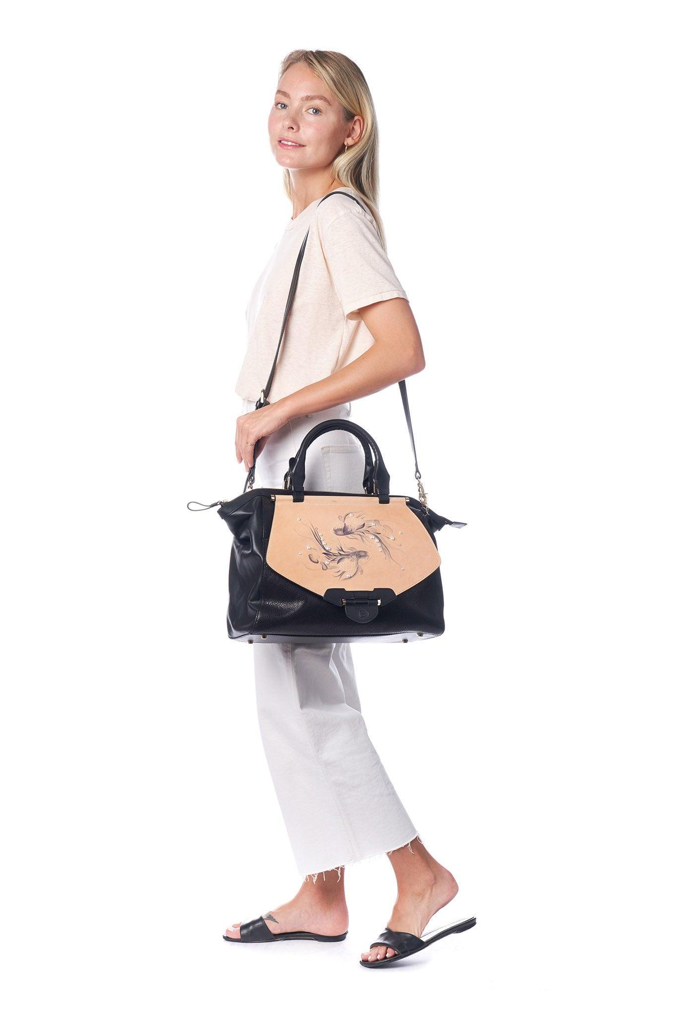 Beige & Black Koi Print Women's Large Satchel with Strap - Lovez Aqua© -