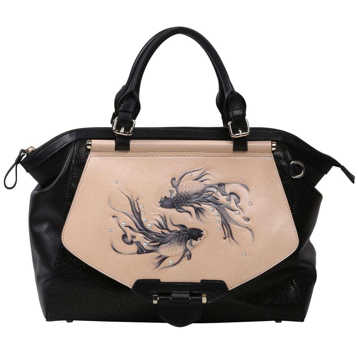 Beige & Black Koi Print Women's Large Satchel with Strap - Lovez Aqua© -