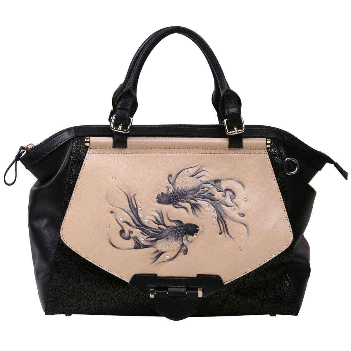 Beige & Black Koi Print Women's Large Satchel with Strap