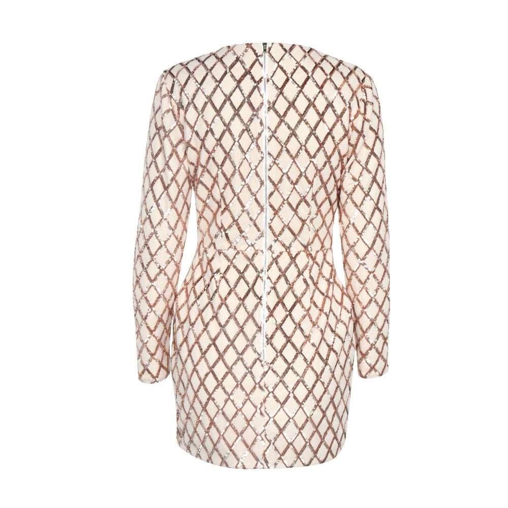 Beige Long-Sleeve Geometric Sequin Mini Dress With Plunging Neckline - Lovez Aqua© -