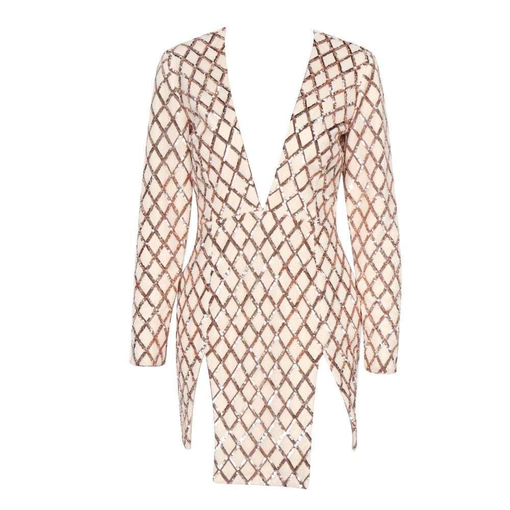 Beige Long-Sleeve Geometric Sequin Mini Dress With Plunging Neckline - Lovez Aqua© -