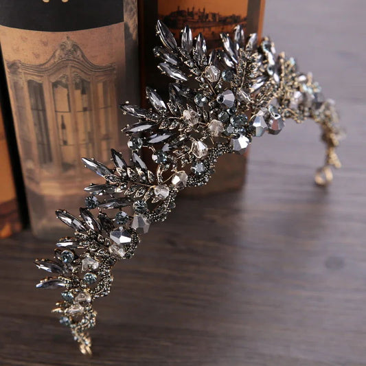 Black/White Baroque Gothic Crystal Gemstones Bridal Tiara - Lovez Aqua© -