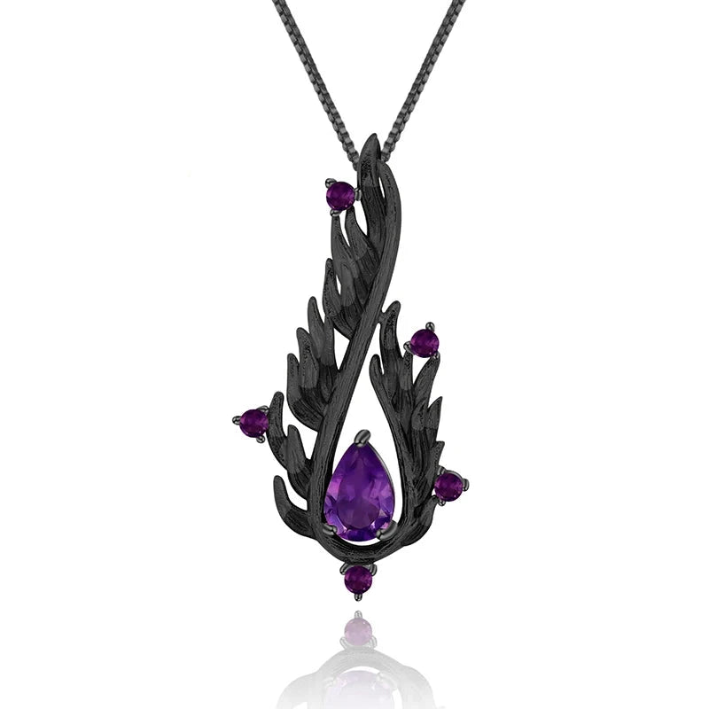 Black 925 Sterling Silver & Natural Amethyst Gemstone Angel Wings Necklace - Lovez Aqua© - Default Title