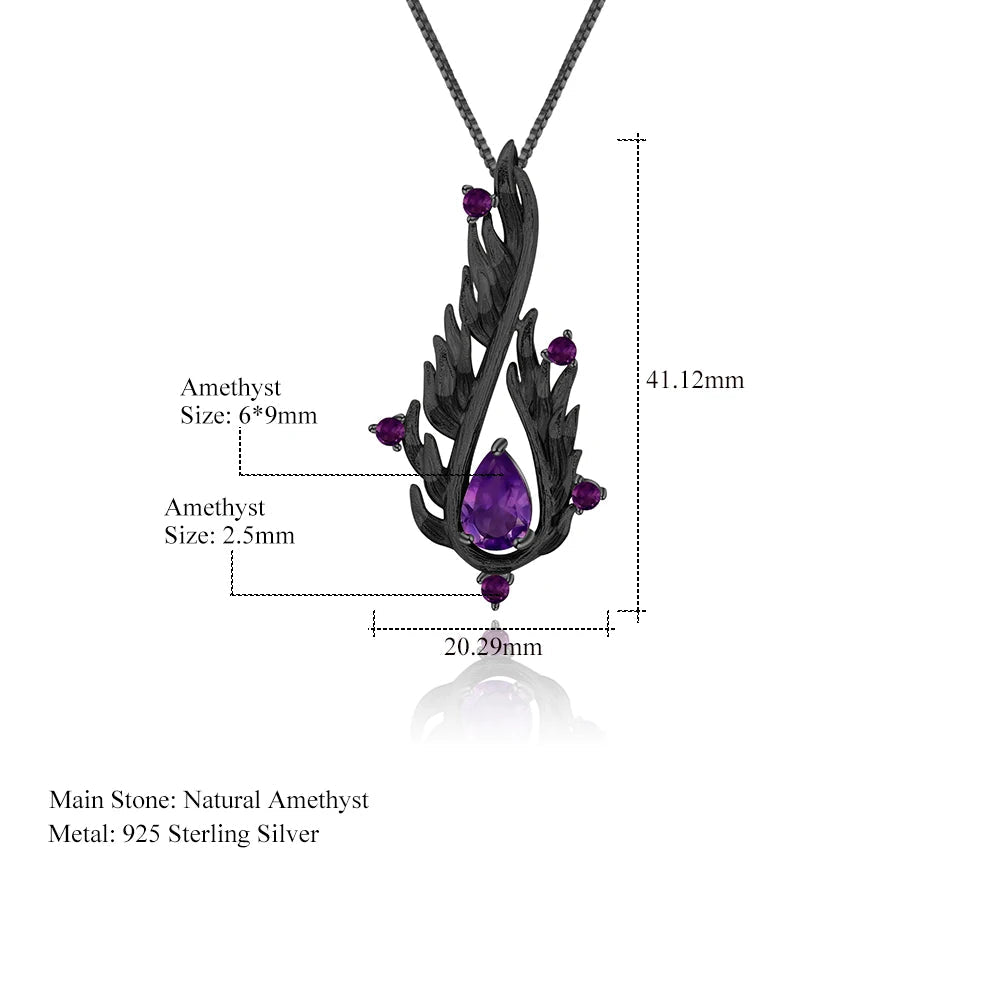 Black 925 Sterling Silver & Natural Amethyst Gemstone Angel Wings Necklace - Lovez Aqua© -