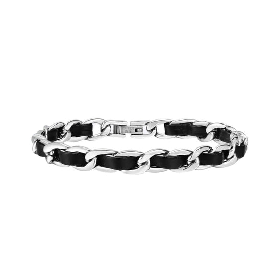 Black Faux Leather & Stainless Steel Interwoven Unisex Chain Bracelet - Lovez Aqua© -