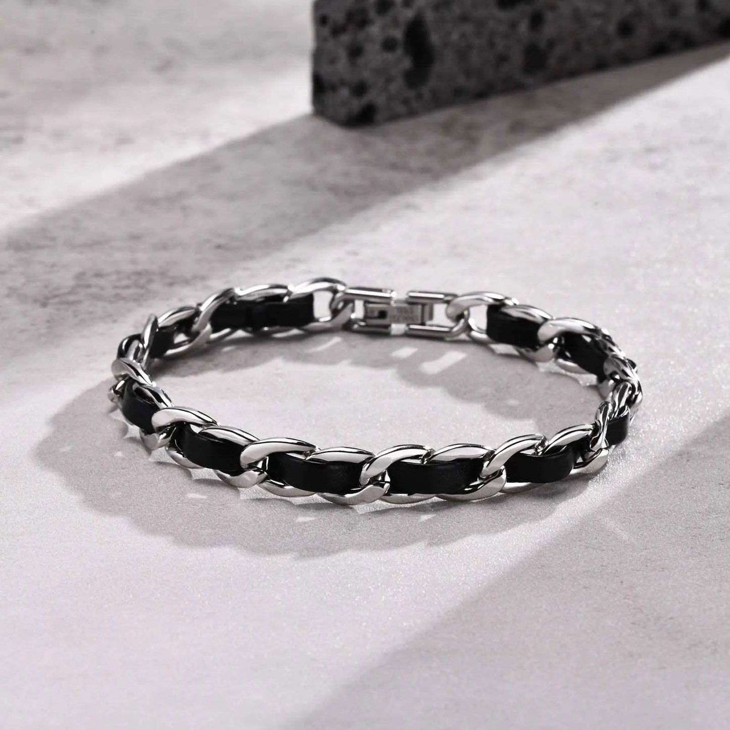 Black Faux Leather & Stainless Steel Interwoven Unisex Chain Bracelet - Lovez Aqua© -