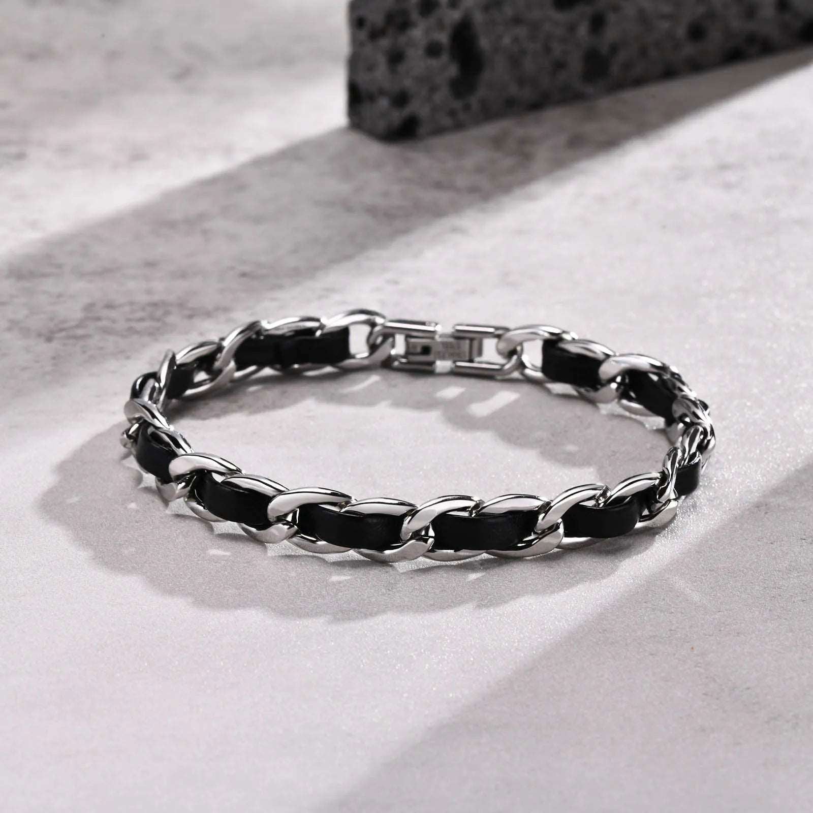 Black Faux Leather & Stainless Steel Interwoven Unisex Chain Bracelet - Lovez Aqua© -