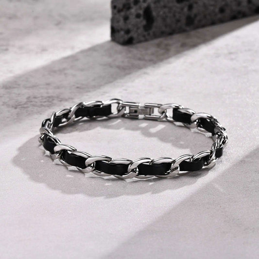 Black Faux Leather & Stainless Steel Interwoven Unisex Chain Bracelet - Lovez Aqua© -