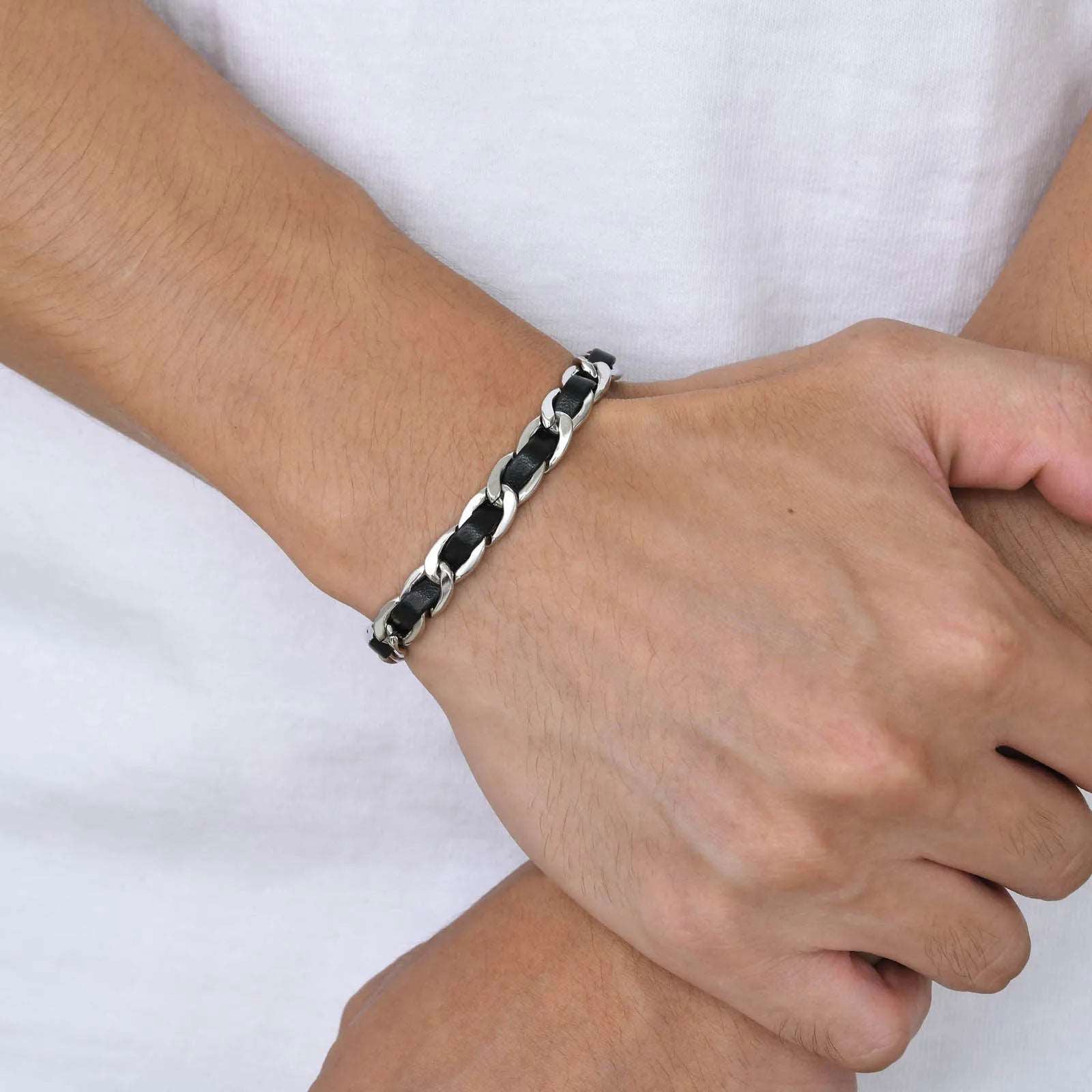 Black Faux Leather & Stainless Steel Interwoven Unisex Chain Bracelet - Lovez Aqua© -