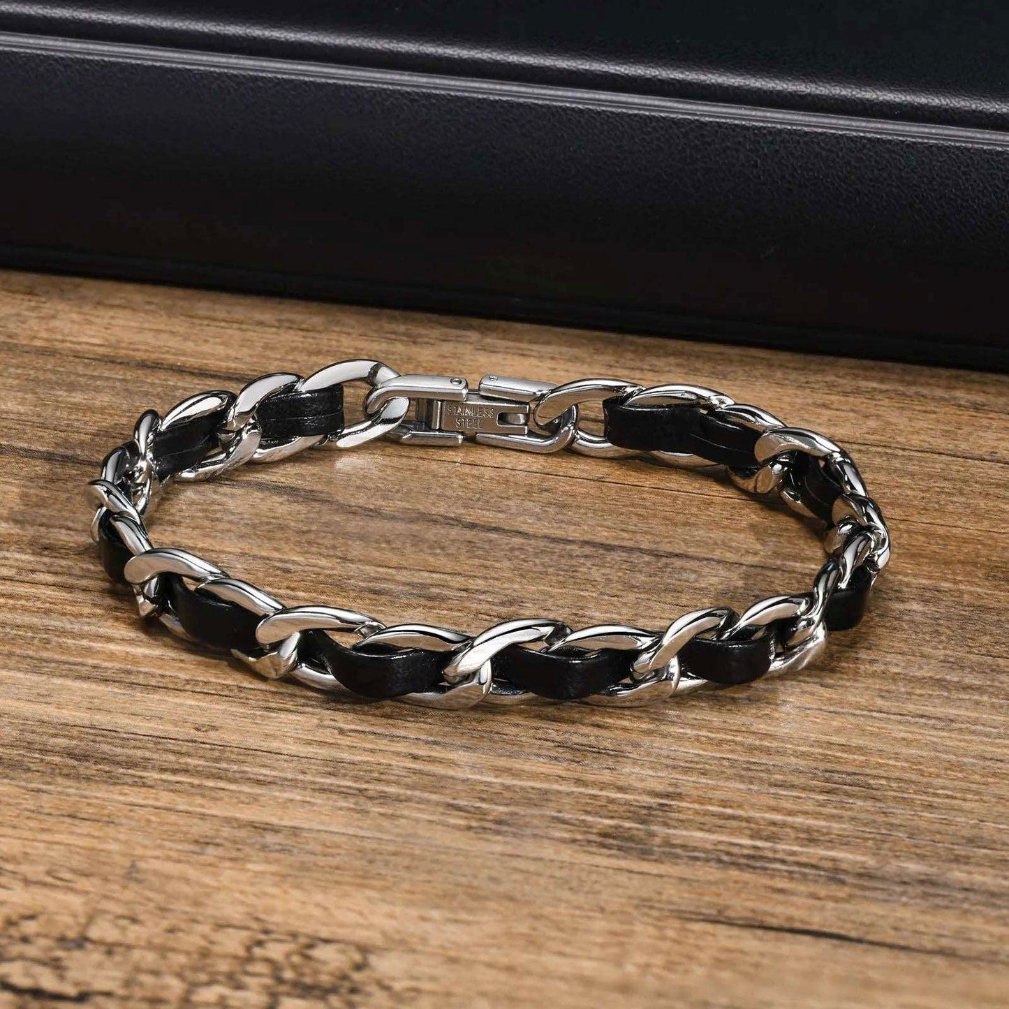 Black Faux Leather & Stainless Steel Interwoven Unisex Chain Bracelet - Lovez Aqua© - 19cm