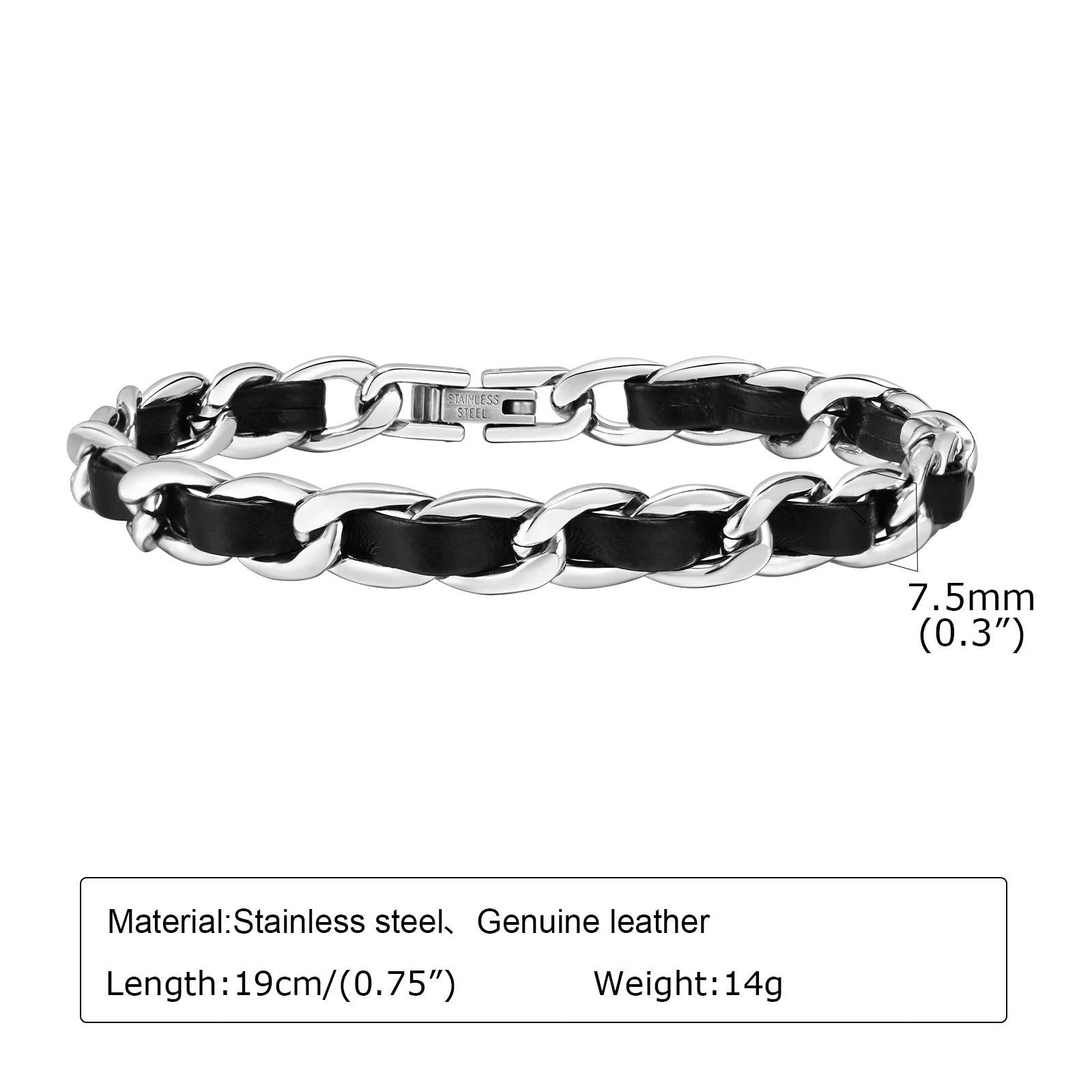 Black Faux Leather & Stainless Steel Interwoven Unisex Chain Bracelet - Lovez Aqua© -