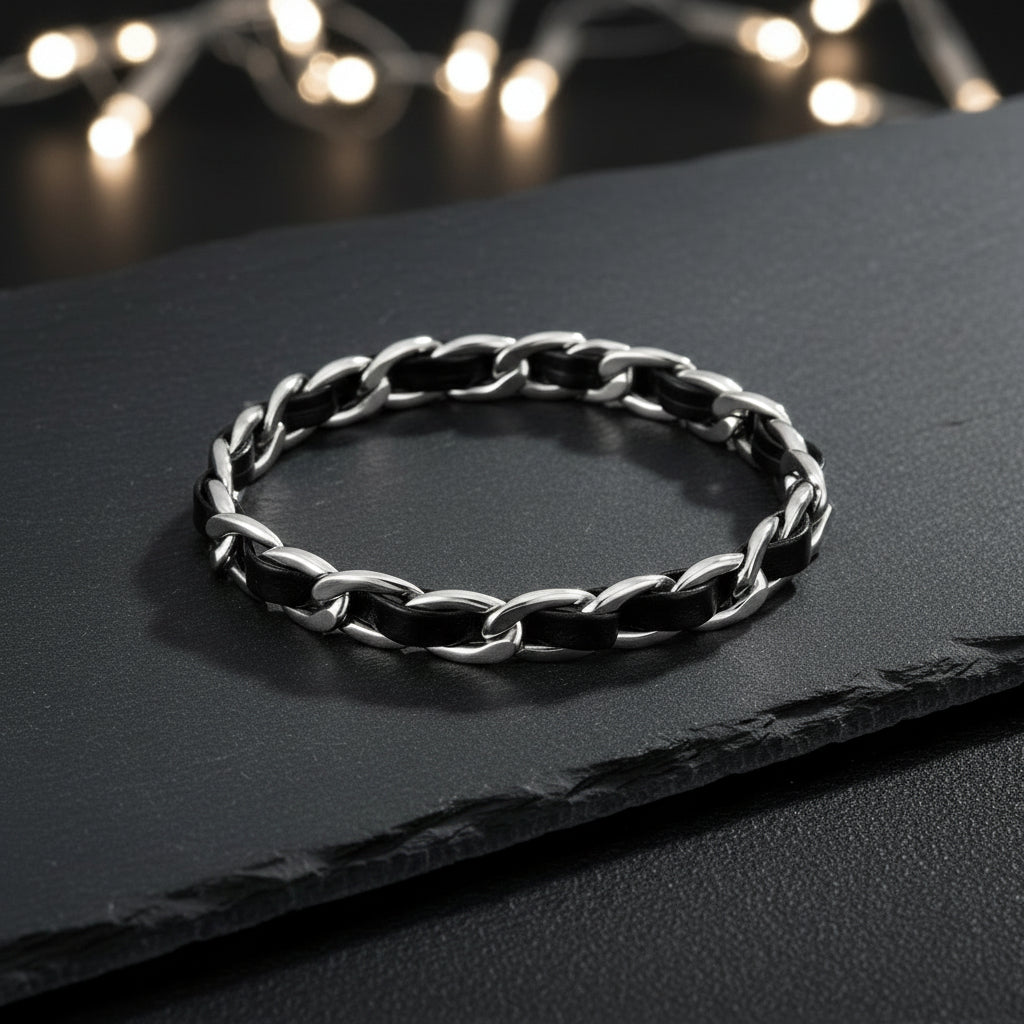 Black Faux Leather & Stainless Steel Interwoven Unisex Chain Bracelet - Lovez Aqua© -